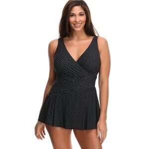 Miraclesuit Pin Point Aurora One Piece Swim Dress Black Polka Dot Sz 22W